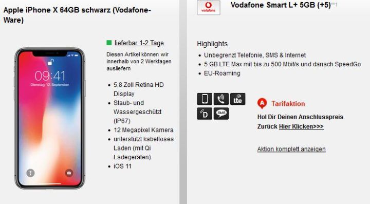Apple iPhone X 64GB + Vodafone AllNet & SMS Flat mit 5GB LTE für eff. 60,70€ mtl.