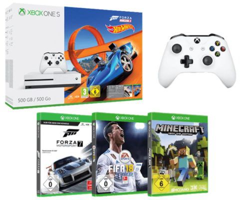 Xbox One S mit 500 GB + Forza Horizon 3 + Hot Wheels + Forza Motorsport 7 + FIFA 18 + Minecraft + 2. Controller für 277€