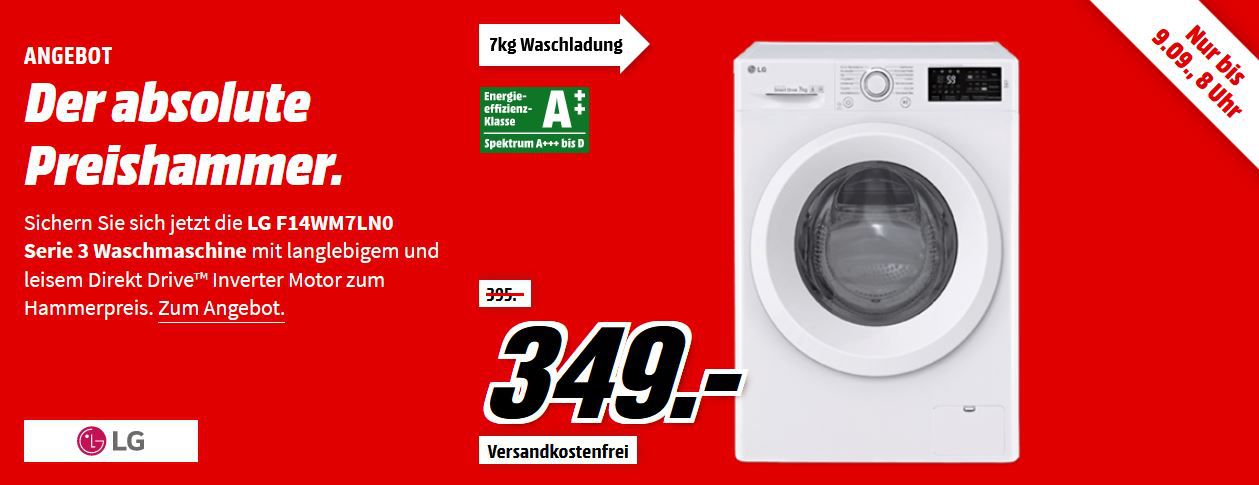 LG F 14WM 7LN0   Waschmaschine mit 7 kg Nutzinhalt, 1400 U/Min für 339€ (statt 389€)