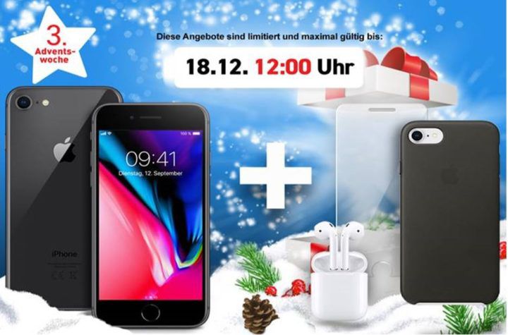 Apple iPhone 8 + Airpods + Case für 1€ + z.B. O2 Allnet & SMS Flat + 10GB LTE ab 49,99€mtl.