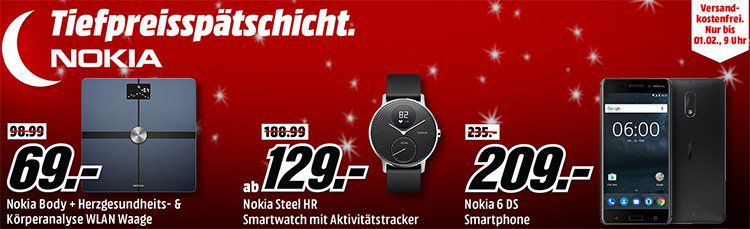 Media Markt NOKIA Tiefpreisspätschicht   z.B. NOKIA STEEL HR Activity Tracker für 129€ (statt 185€)