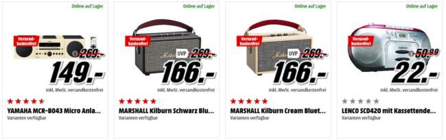 Media Markt Kopfhörer, Lautsprecher, HiFi Sale   z.B. MARSHALL Kilburn Bluetooth Lautsprecher für 166€