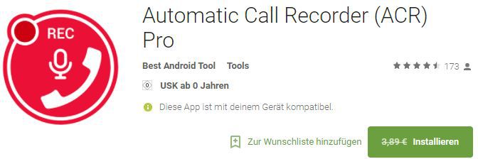 Automatic Call Recorder Pro (Android) gratis statt 3,89€