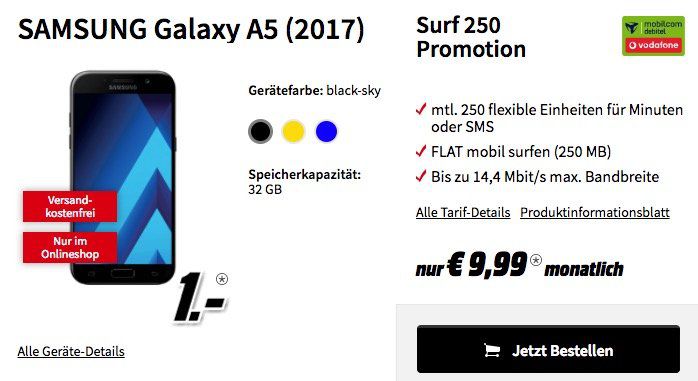 Samsung Galaxy A5 (2017) für 1€ + kleiner Vodafone Vertrag mit 250MB für 9,99€ mtl.