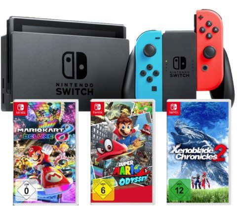 Nintendo Switch + 3 Spiele (Mario Adyssey, Mario Kart 8) ab 399€