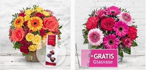 Valentinstags Sträuße mit gratis Vase oder Pralinen + 20% Gutschein ab 24,99€ + keine Versandkosten