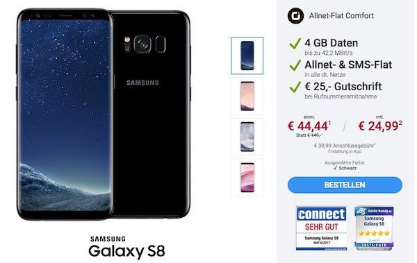 Sparhandy Sparneval Deals   z.B. otelo comfort Flat mit 4GB für 24,99€ mtl. + Samsung Galaxy S8 für 44,44€