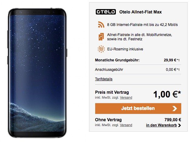Galaxy S8 + otelo Allnet & SMS Flat mit 8GB für nur 29,99€ mtl.