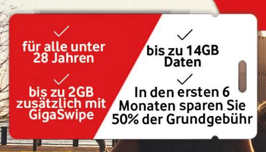 Vodafone Young mit bis zu 14GB LTE + 6 Monate  50% Rabatt auf die Grundgebühr + Top Smartphone + 1 Monat Deezer gratis