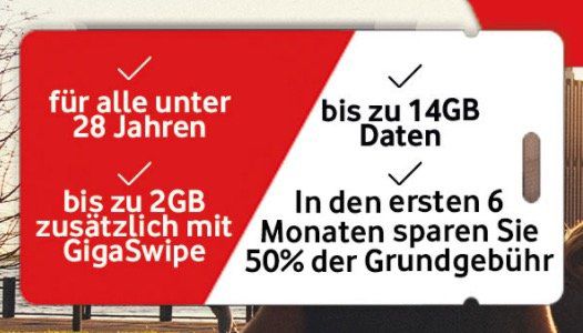 Vodafone Young mit bis zu 14GB LTE + 6 Monate  50% Rabatt auf die Grundgebühr + Top Smartphone + 1 Monat Deezer gratis