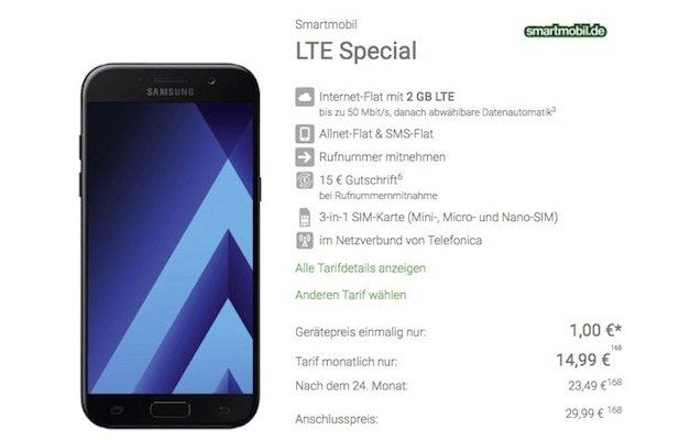 Samsung Galaxy A5 für 1€ + o2 Allnet Flat mit 2GB LTE für 14,99€ mtl.