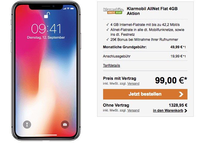 iPhone X für 99€ + Vodafone Allnet Flat + 4GB Daten für 49,99€ mtl.