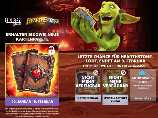 2 Kartenpackungen für Hearthstone gratis   nur für (Twitch) Prime Mitglieder