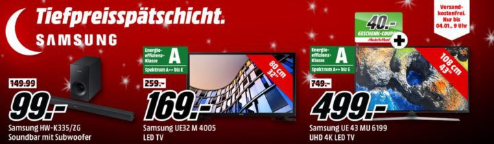 Media Markt Samsung Tiefpreisspätschicht   günstige TVs & Lautsprecher: z.B. SAMSUNG HW K335/ZG Soundbar für 99€