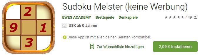 Sudoku Meister (Android) gratis statt 2,09€