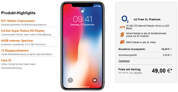 iPhone X 64GB für 49€ + o2 Free XL mit 25GB LTE für 64,99€ mtl.