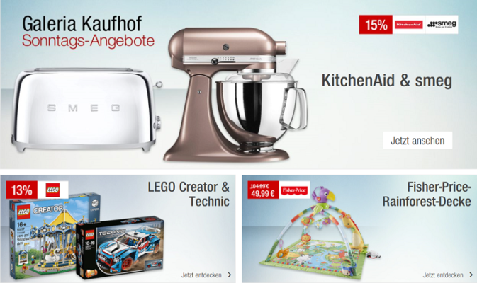 Galeria Kaufhof Sonntagsangebote   z.B. 15% Rabatt auf Artikel von smeg und Kitchenaid