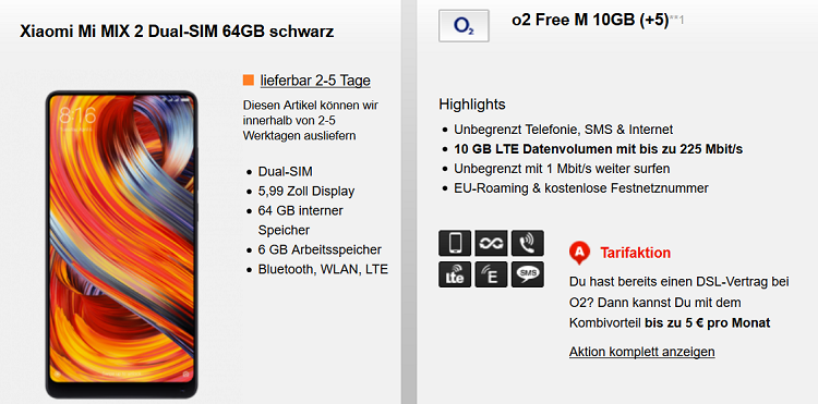 Top! Xiaomi Mi Mix 2 DualSIM 64GB Smartphone + O2 AllNet & SMS + 10GB LTE Flat für 34,99€ mtl.