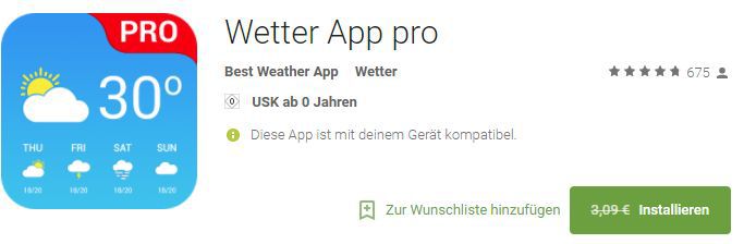 Wetter App Pro (Android) gratis statt 3,79€