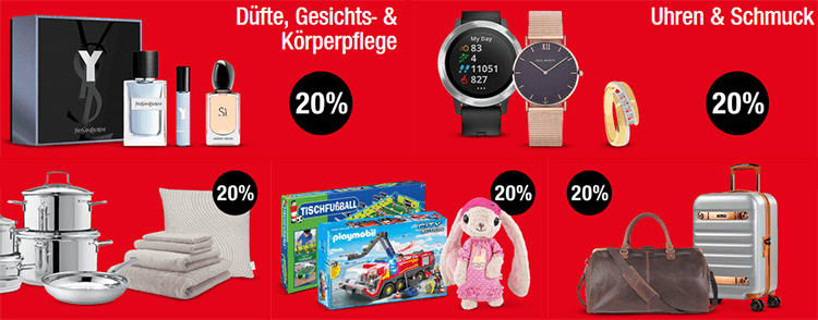 Galeria Kaufhof: 20% auf Düfte & Pflege, Uhren & Schmuck, Spielwaren, Zuhause & Reisegepäck