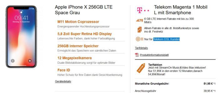 Iphone X 256GB für 299€ + Telekom 6 GB / 12 GB LTE 300 + Telefon & SMS Flat + Hotspot + StreamON für 53,45€ mtl. (nur Telekom DSL Kunden)