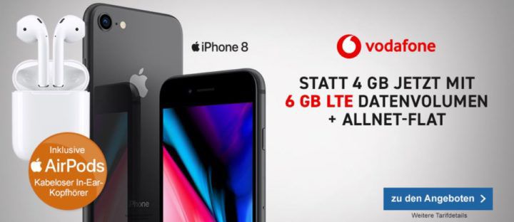 Apple iPhone 8 64GB + Apple Airpods + Vodafone AllNet & SMS + 6GB LTE Flat für 51,99€