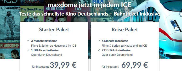 Zwei einfache Bahnfahrten (ICE/IC/EC) + 6 Monate Maxdome für 69,99€