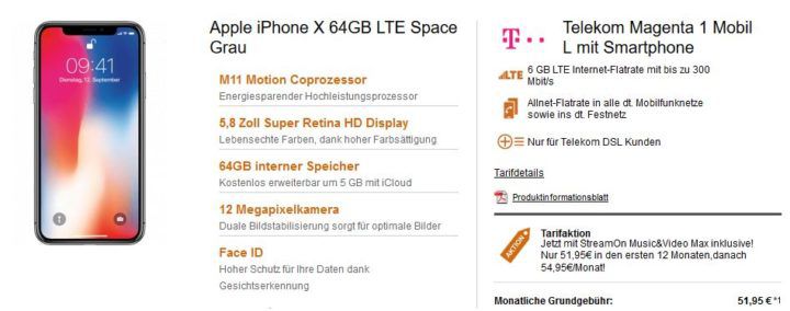 Apple iPhone X 64GB für 149€ + Telekom Magenta Mobil L Young AllNet mit 12GB LTE für 52,95€ mtl.