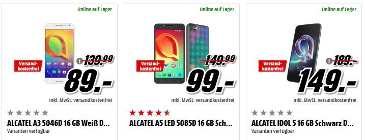Media Markt: ALCATEL A3   5 Zoll Smartphone für 89€ o. ALCATEL IDOL 5 DualSIM Phone für 149€