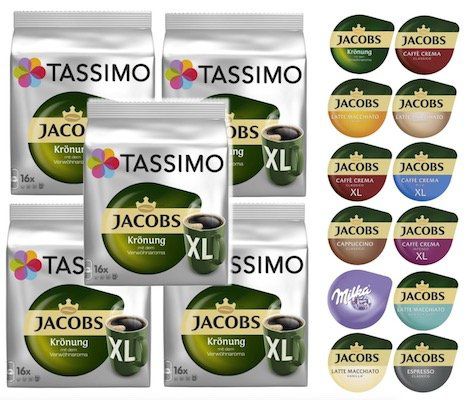 5er Pack Tassimo Kapseln (Milka Kakao, Jacobs Kaffee etc.) für 21,99€