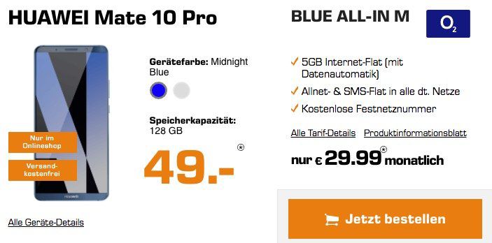 Huawei Mate 10 Pro im o2 Blue M oder Free L mit bis zu 20GB LTE ab 30€ mtl.