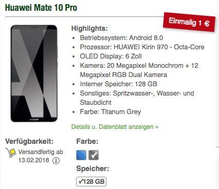 Huawei Mate 10 Pro für 1€ + o2 Flat mit 5GB LTE für 32,99€ mtl.