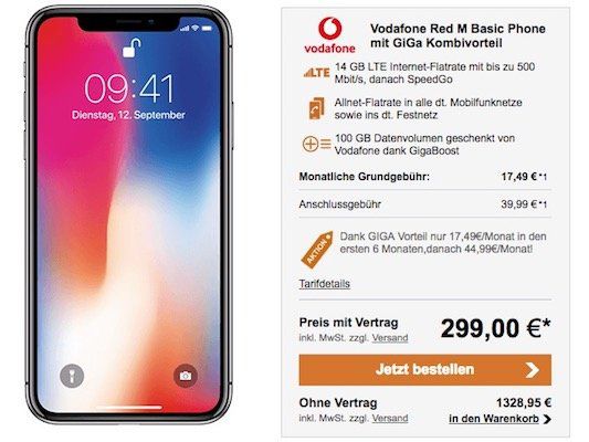 Knaller? iPhone X 64GB für 299€ + Vodafone Red M Basic Phone mit 14GB LTE dank GiGa Kombivorteil nur 38,12€ mtl. + 100GB GigaBoost gratis