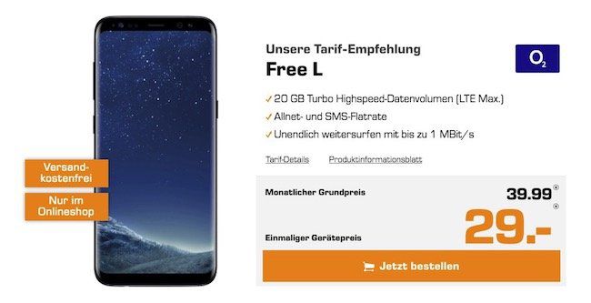 Samsung Galaxy S8 nur 29€ + o2 Free L mit 20GB LTE für 39,99€ mtl. + unendlich weitersurfen