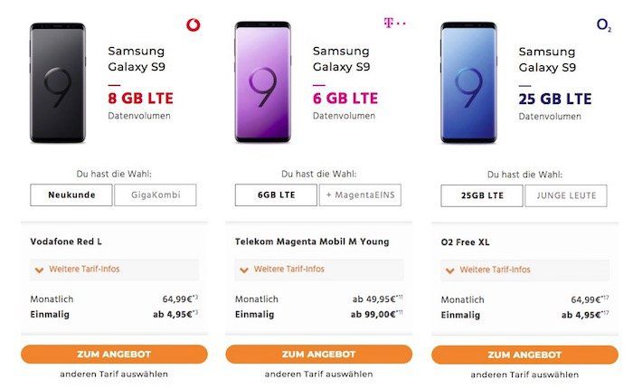 Samsung Galaxy S9 Angebote im Vodafone , Telekom  oder o2 Netz   z.B. Galaxy S9 ab 46,99€ + Vodafone Flat + 6GB LTE + 3 Monate Deezer für 46,99€ mtl. + Cashback