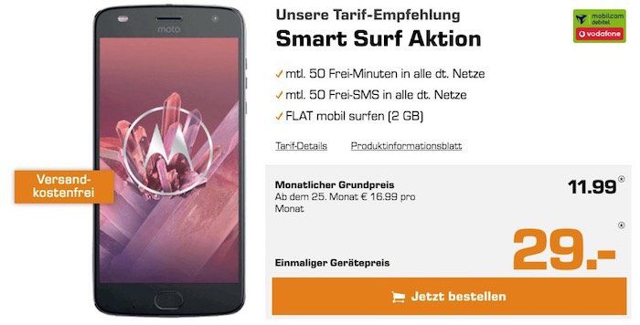 Motorola Moto Z2 Play inkl. JBL SoundBoost 2 für 29€ + Vodafone Tarif mit 2GB für 11,99€ mtl.