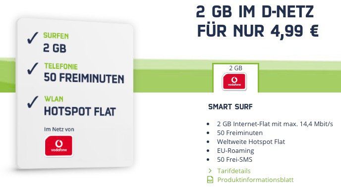 Vodafone Smart Surf mit 50 Min/SMS & 2GB + HotSpot Flat für 4,99€ mtl.