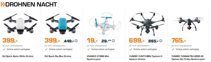 Saturn Late Night Shopping: günstige Drohnen & Beauty Artikel   z.B. DJI Spark Sky Blue Drohne für 399€ (statt 499€)