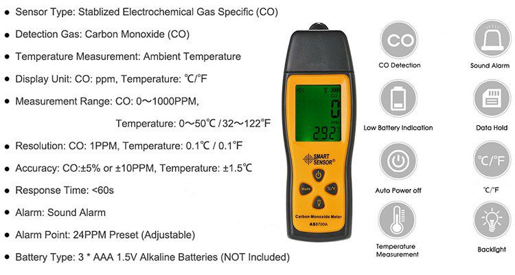 Smart Sensor   Kohlenmonoxid Messgerät mit LCD Display & Alarm für 19,91€