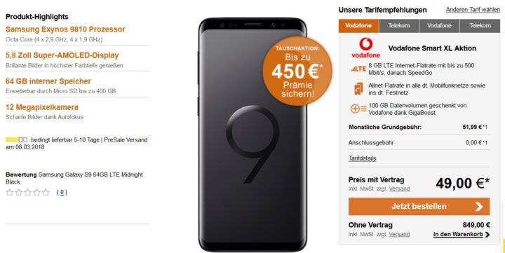 Samsung Galaxy S9    weitere gute Verträge zur Markteinführung!