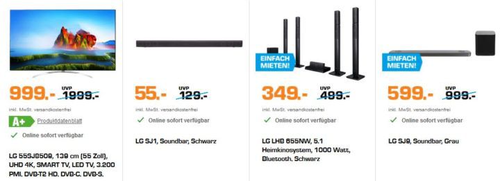 Saturn Weekend Deals: günstige LG TVs & Zubehör   z.B. LG SJ1 Soundbar für 55€