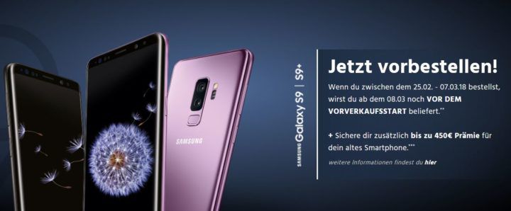 Samsung Galaxy S9 Angebote im Vodafone , Telekom  oder o2 Netz   z.B. Galaxy S9 ab 46,99€ + Vodafone Flat + 6GB LTE + 3 Monate Deezer für 46,99€ mtl. + Cashback