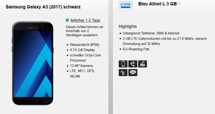 Samsung Galaxy A3 (2017) + Blau Allnet  & SMS Flat inkl. 3GB LTE für nur 14,99€ mtl.