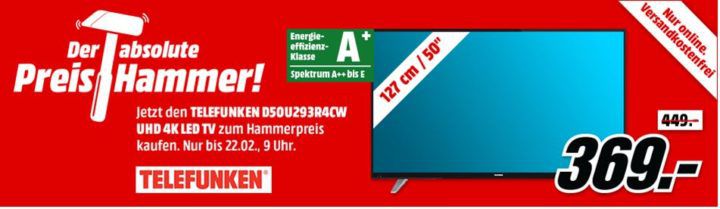 MM Preishammer: TELEFUNKEN D50U29   50 Zoll UHD Smart TV für nur 369€