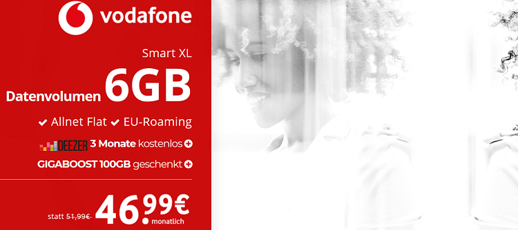 Vodafone Smart XL mit 6 GB für 46,99€ mtl. + ausgewählte Top Smartphones   z.B. iPhone 8 Plus 64 GB für 49,95€