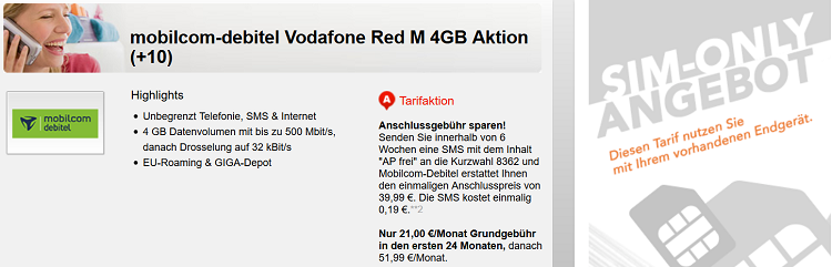 Vodafone Red M Allnet Flat mit 4GB LTE für 21€ mtl.