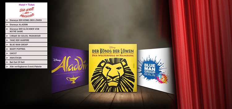 Stage Musical Tickets + 1 ÜN in 4* Hotel ab 75€   Der König der Löwen, Ghost, Aladdin uw.