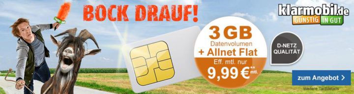 SIM only: Klarmobil Vodafone Allnet + SMS Flat + 3GB für nur 9,99€ mtl.