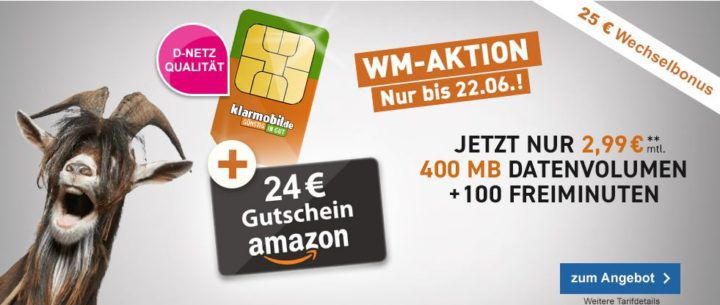 Klarmobil Telekom 100 Minuten + 400MB Datenvolumen für 2,99€ mtl. + 24€ Amazon Gutschein