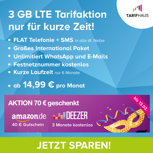 o2 Flat mit 3GB LTE (nur 6 Monate Laufzeit, keine Datenautomatik) für 14,99€ mtl. + 40€ Amazon Gutschein + 3 Monate Deezer gratis